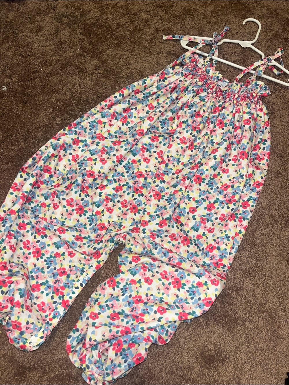 Girls Floral Smocked Romper - White with Pink & Blue Floral Print